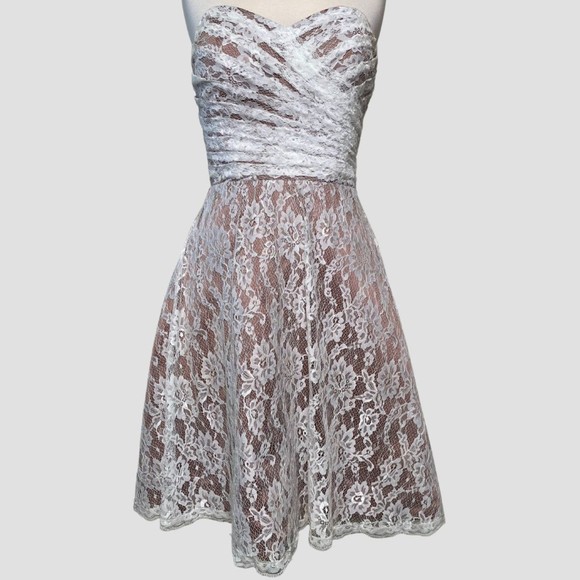 Cocktail Grad Bridesmaid Strapless Fit Flare Dress Cream Lace Brown Satin - Picture 1 of 12